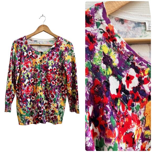 Joseph A Rayon Blend Multicolor Floral Bracelet Sleeve Cardigan Size Large - Picture 1 of 11